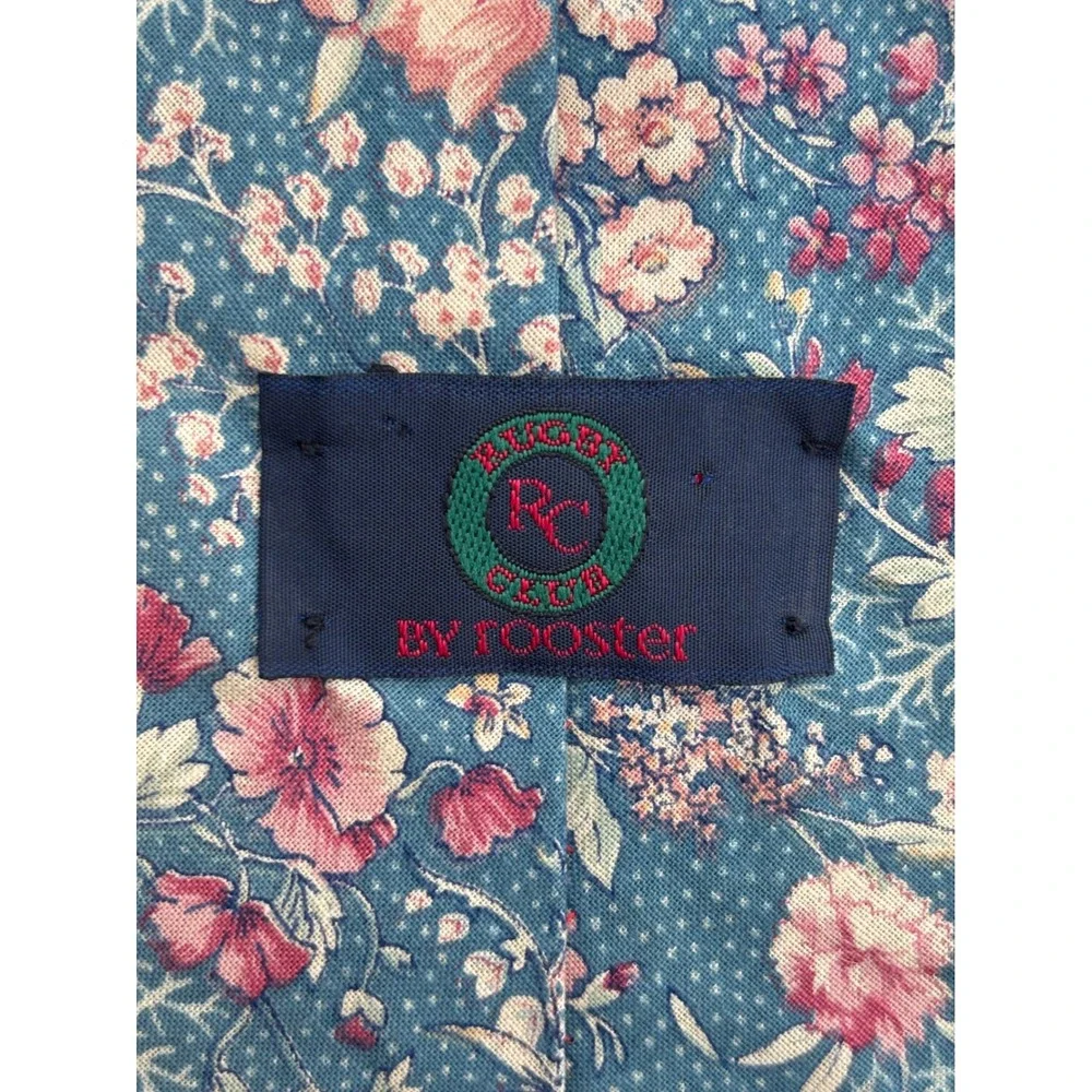 Rugby Club by Rooster Mens Floral Necktie Blue Pink Vintage Style Cotton Blend